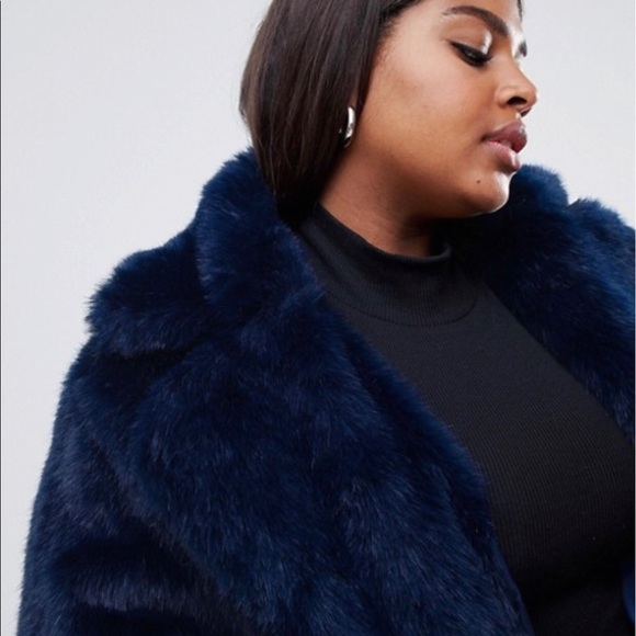 Navy Faux Fur Coat with Collar - Picture 4 of 4